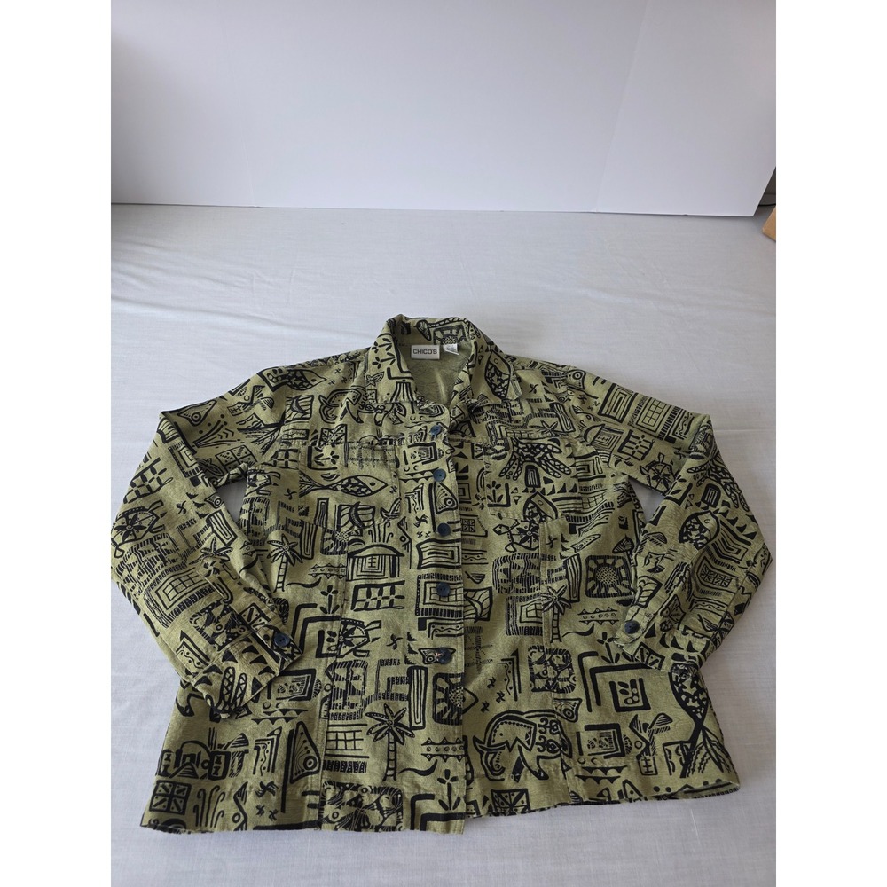Silk Linen Tribal Print Button Down Shirt Size 1 Olive Green Bohemian Artsy